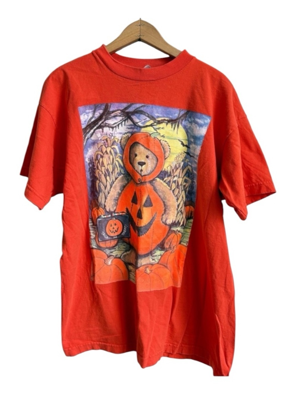 Vintage Halloween Teddy Bear & Pumpkin Short Sleeve Tee Shirt Large